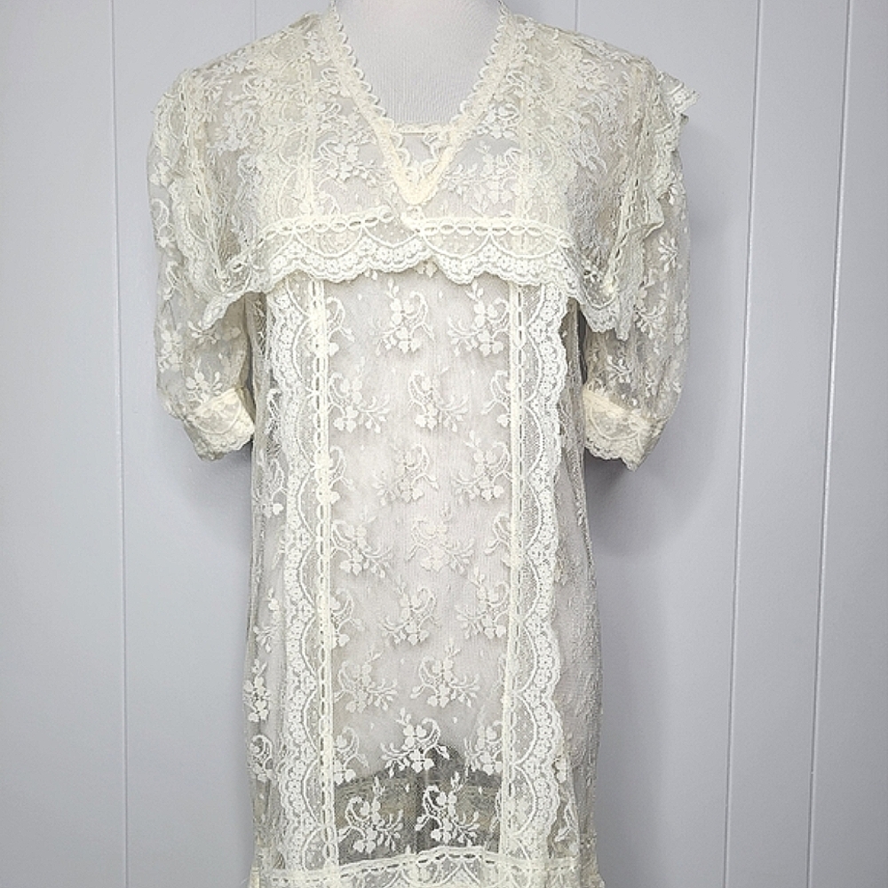 Vintage Lace Drop Waist Sheer Dress Nightgown Victorian Bridal Wedding Fairycore - Picture 3 of 14